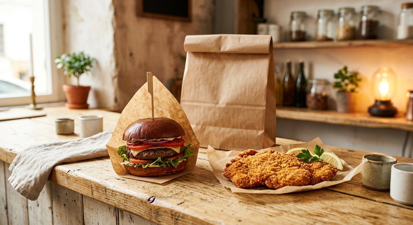 A burger and a crumbed schnitzel served on paper on a wooden counter beside a takeaway bag