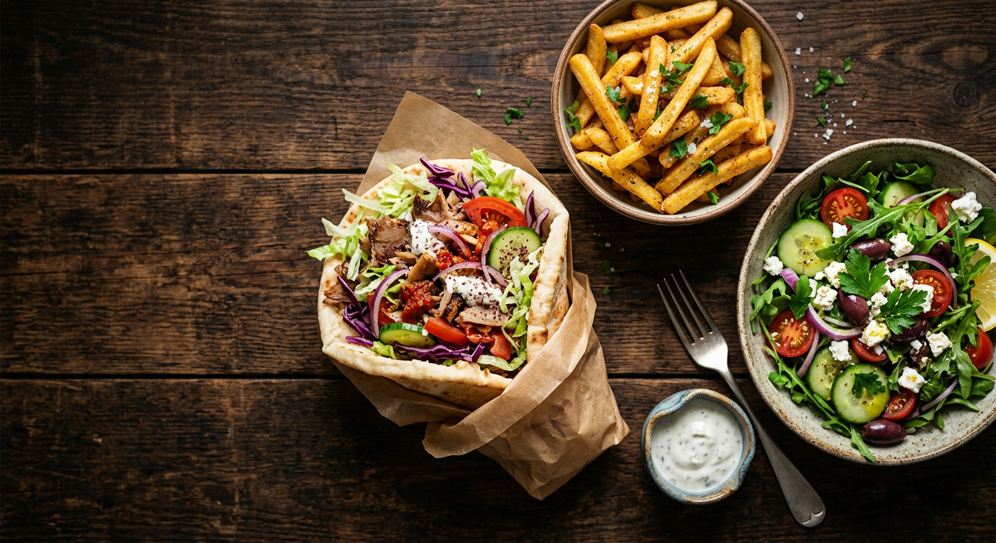 A kebab wrap, a bowl of hot chips and a fresh salad on a wooden table
